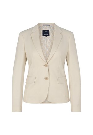 Blazer beige clair avec un petit motif à carreaux, fermeture à un bouton, revers crantés et deux poches avant. Doublé d'une doublure à motifs.
