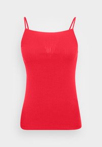 Červená žebrovaná tílko s tenkými ramínky a přiléhavým designem. Vyrobeno z elastického materiálu, s hladkým povrchem a minimálním počtem švů.