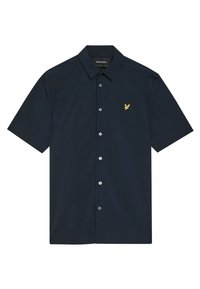 Camicia a maniche corte con bottoni, di colore blu navy, realizzata in un tessuto liscio, con un logo giallo a forma di aquila sul lato sinistro del petto.