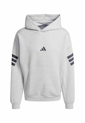 Gray hoodie made of soft fabric featuring a front pocket, a drawstring hood, and three dark stripes on each sleeve. Adidas logo on the chest.