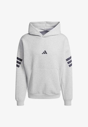 Grau Hoodie aus weichem Material mit einer Vorderentasche, Kapuze mit Kordelzug und drei dunklen Streifen an jedem Ärmel. Adidas-Logo auf der Brust.