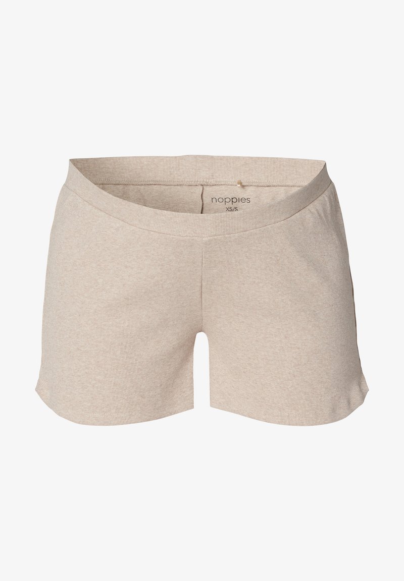 Shorts de maternité beige côtelés avec une taille élastique, taille XS/S, fabriqués par la marque Noppies.