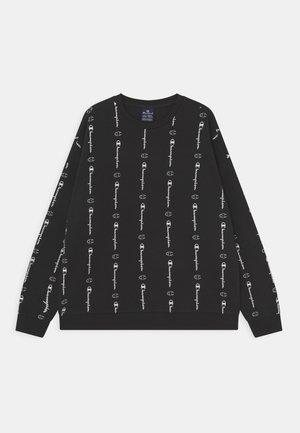 Schwarzes langärmeliges Sweatshirt mit wiederholten vertikalen weißen "Champion"-Logos und Symbolen, Rundhalsausschnitt sowie gerippten Bündchen und Saum.