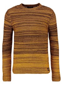 Pletený svetr s horizontálními pruhy v žlutých a hnědých odstínech, s žebrovaným kulatým výstřihem a dlouhými rukávy, vyrobený z texturované příze.