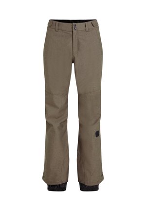 Khaki ski pants with a textured fabric, two front buttons, and black elastic cuffs. Features a side patch for added detail.