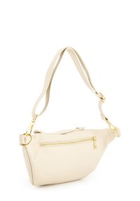 Beige Leder Umhängetasche mit strukturiertem Finish, goldfarbenen Beschlägen und einer vorderen Reißverschlusstasche. Verstellbarer Trageriemen für vielseitigen Tragekomfort.