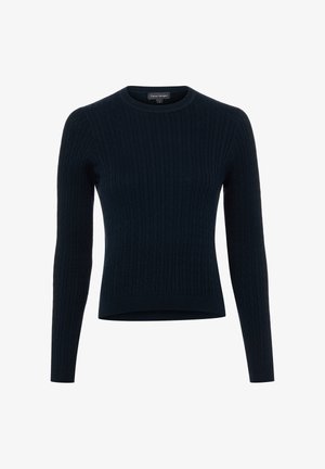 Pull à manches longues en maille torsadée bleu marine foncé, col rond, poignets et ourlet côtelés, taille small, présenté sur fond blanc.