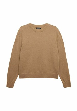 Beige sweater made of soft material with a crew neckline, long sleeves, and a ribbed hem. Simple, solid color without patterns or accents.