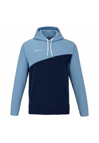 Felpa con cappuccio navy e azzurro chiaro, dotata di una grande tasca frontale, cappuccio con cordino e design a blocchi di colore. Realizzata in morbido materiale misto cotone con texture.