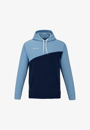 Marine- und hellblauer Kapuzenpullover mit großer Fronttasche, Kordelzugkapuze und farblich abgestimmtem Design. Hergestellt aus weichem, strukturiertem Baumwollmischmaterial.