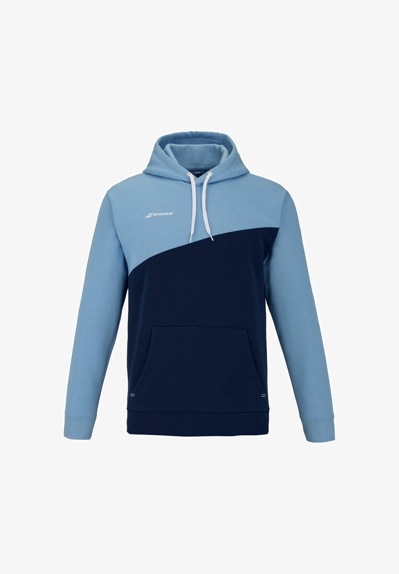 Felpa con cappuccio navy e azzurro chiaro, dotata di una grande tasca frontale, cappuccio con cordino e design a blocchi di colore. Realizzata in morbido materiale misto cotone con texture.