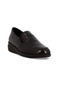 Scarpa slip-on marrone con texture a coccodrillo, punta arrotondata, tacco leggero e pannelli elastici sui lati per una facile calzata. Finitura liscia e lucida.