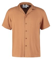 Kortärmad skjorta med krage i ljusbrun tyg, med knappstängning framtill, avslappnad passform och en jämn yta utan mönster.