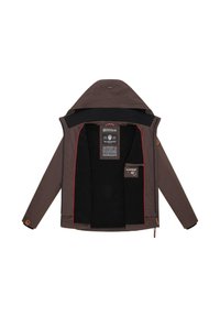 Bruine gevoerde hoodie met zwarte fleece voering, rode bies, voorkant met rits en een label aan de binnenkant met merk- en onderhoudsinformatie.