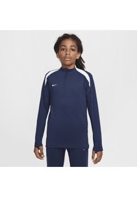 Marineblauw sporttop met lange mouwen en een ritskraag, voorzien van witte schouderaccenten en het Nike-logo op de borst, gemaakt van een gladde, rekbare stof.