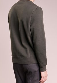 Sudadera de color verde oscuro con un clásico cuello redondo, puños y dobladillo de canalé. Tejido suave con un acabado texturizado, vista desde la parte de atrás.
