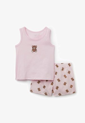 Rosa ärmelloses Top mit kleinem Teddybär-Print kombiniert mit rosa Vichy-Shorts bedeckt mit Teddybär-Gesichtern.