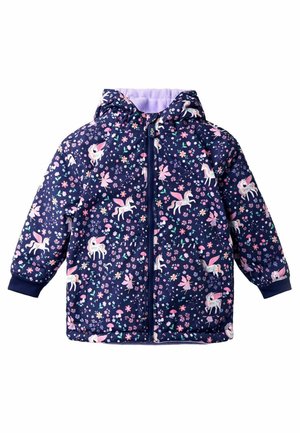Navy blue lasten huppari, jossa on pinkkejä yksisarvisia, keijuja, kukkia ja sieniä, etuvetoketju ja ribbaatut hihat.