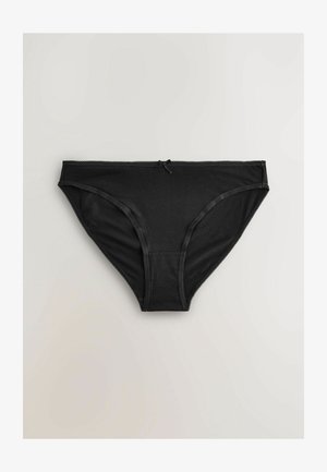 Culotte nere in cotone con una texture morbida, dotate di un sottile elastico in vita, bordo in pizzo e un piccolo fiocco al centro anteriore.