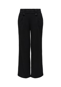 Sort bukser med brede ben i glat stof, dobbelte knapper ved taljen og to forlommer. Ren og struktureret silhuet.