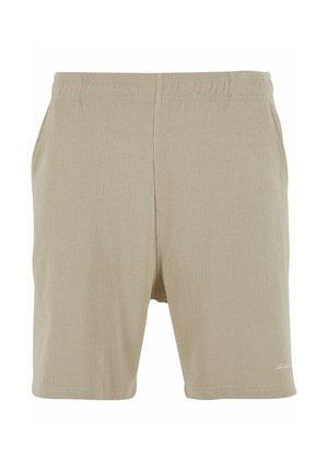 Bežīgas austas šortus ar elastīgu jostu, sānu kabatām un smalku tekstūru. Iezīmēts ar mazu logotipu apakšējā labajā malā.