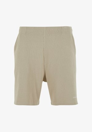 Bežīgas austas šortus ar elastīgu jostu, sānu kabatām un smalku tekstūru. Iezīmēts ar mazu logotipu apakšējā labajā malā.