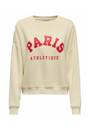 Cream-colored sweatshirt with red "PARIS ATHLÉTIQUE" text. Features wide cuffs, a round neckline, and a relaxed fit design. Smooth texture.