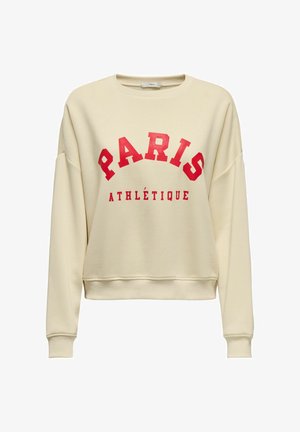 Cream-colored sweatshirt with red "PARIS ATHLÉTIQUE" text. Features wide cuffs, a round neckline, and a relaxed fit design. Smooth texture.