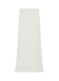 Jupe midi tricotée blanche avec un motif texturé en maille ouverte, taille élastique et ourlet évasé avec de subtils détails en volants.