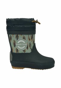 Fekete és zöld vízálló gumicsizma mintás kialakítással, húzózsinóros felsőrésszel és oldalt elhelyezett kör alakú logóval, állatminta díszítéssel.