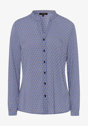 Camisa de patrón azul y blanco con mangas largas, cuello mao y cierre frontal con botones que presentan un diseño geométrico y botones oscuros.