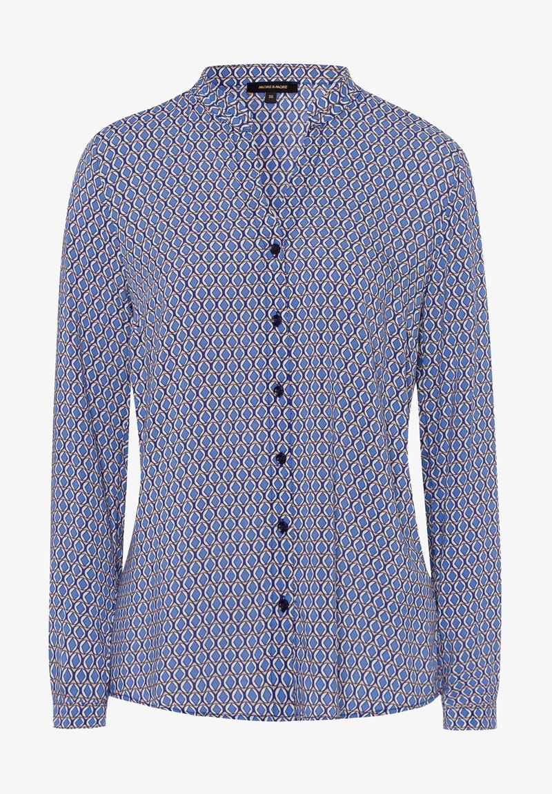Blue and white patterned shirt with long sleeves, a mandarin collar, and a button-down front featuring dark buttons and a geometric design.