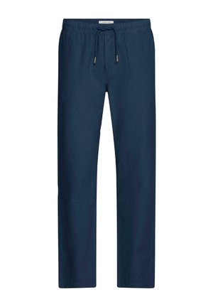 Tumesinised vabaajapüksid kummipaela ja nööriga vöökohal, sirge säärega, kergest kangast.