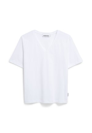 White short-sleeve V-neck t-shirt made of soft cotton fabric, featuring a straight cut and a small brand label on the side.
