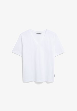 Weiße kurzärmelige V-Ausschnitt-T-Shirt aus weichem Baumwollmaterial, mit geradem Schnitt und einem kleinen Markenetikett an der Seite.