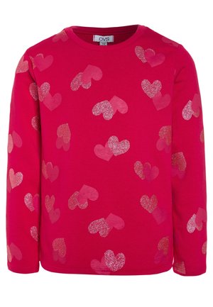 Rotes, langärmliges Kinder-Sweatshirt mit verstreuten rosa und glitzernden Herzmustern, Rundhalsausschnitt und OVS-Markenetikett im Krageninneren.