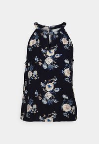 Haut sans manches marine avec un motif floral en crème, bleu et vert. Présente un col en œil de clé et un détail froncé au niveau des épaules.