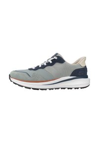 Grey and navy athletic shoes with a textured upper, white laces, a cushioned midsole, and a black rubber outsole.