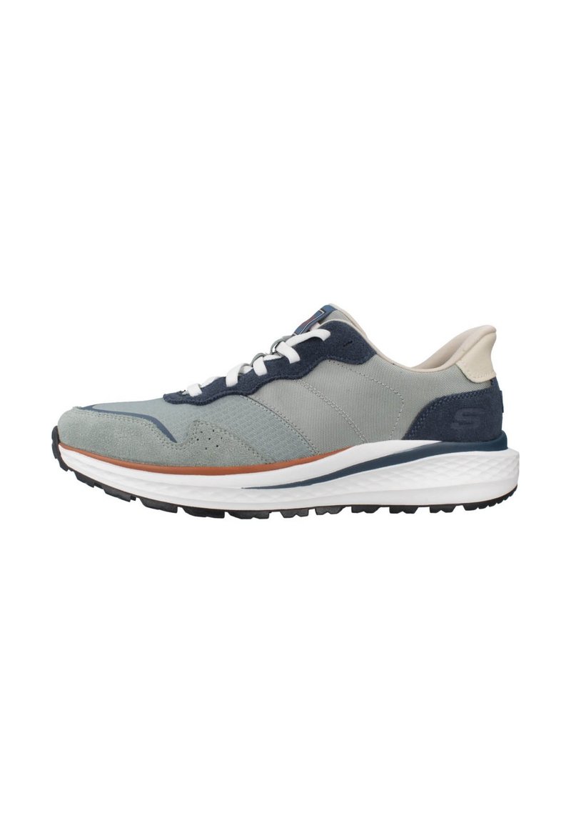 Grey and navy athletic shoes with a textured upper, white laces, a cushioned midsole, and a black rubber outsole.