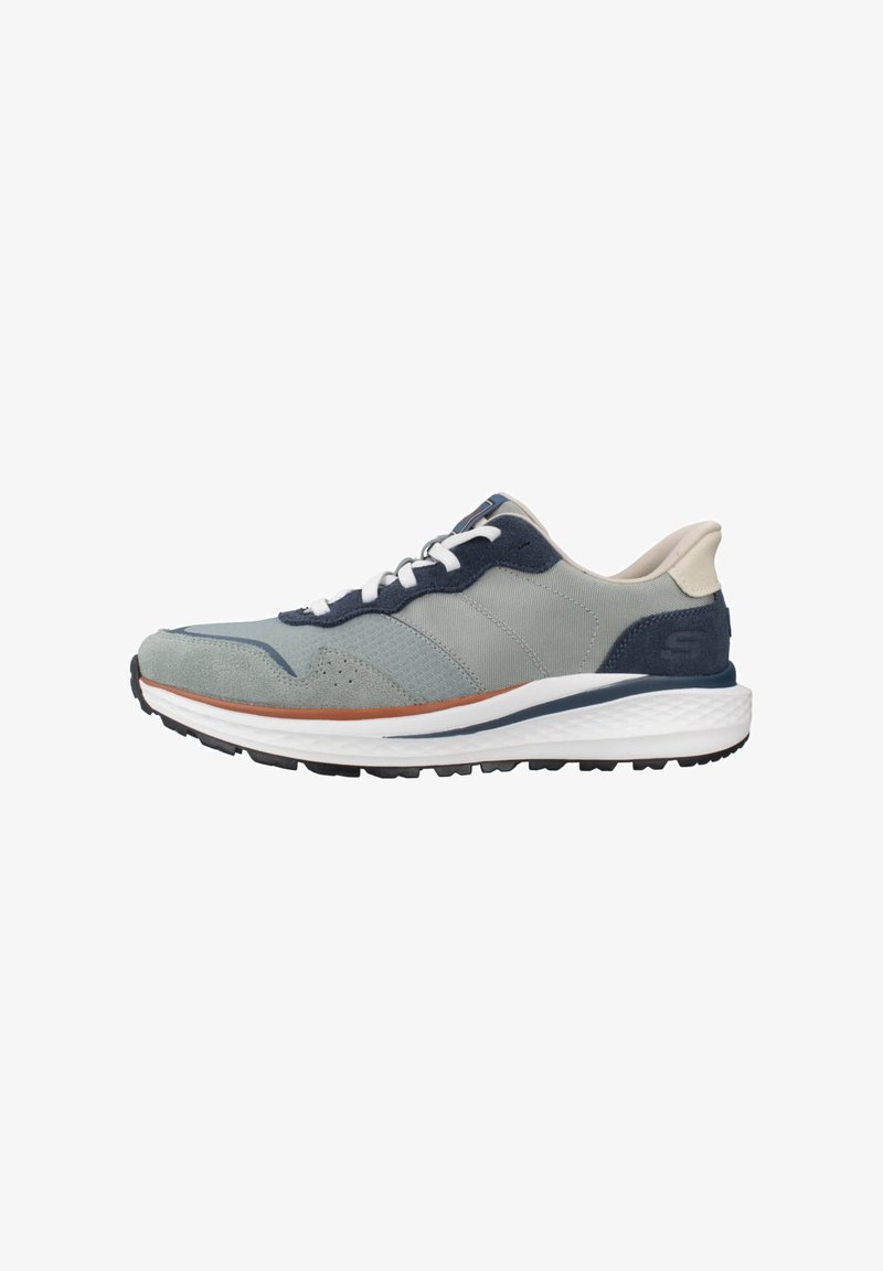 Grey and navy athletic shoes with a textured upper, white laces, a cushioned midsole, and a black rubber outsole.