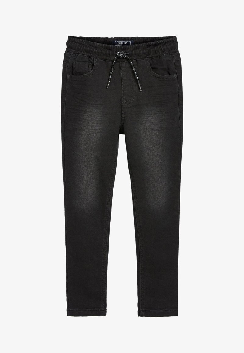 Joggers de denim negro con cinturilla elástica, cordón ajustable y dos bolsillos frontales. Textura suave, corte ajustado y sin patrones visibles.