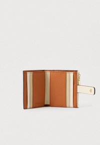 Brown and beige leather wallet open, showing multiple card slots and a zippered coin compartment with a gold zipper pull.