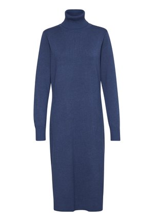 Strick-Kleid mit Rollkragen in tiefblau, mit langen Ärmeln, gerader Silhouette, gerippter Textur und knielangem Saum.
