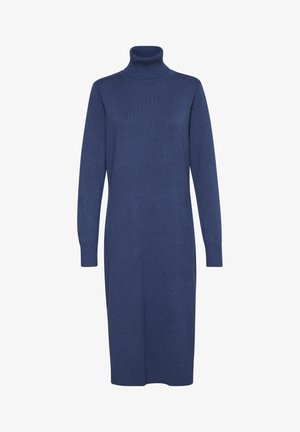 Strick-Kleid mit Rollkragen in tiefblau, mit langen Ärmeln, gerader Silhouette, gerippter Textur und knielangem Saum.