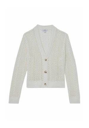 Biały dziergany kardigan z długimi rękawami, dekoltem w serek, ażurowym wzorem oraz trzema beżowymi guzikami z przodu.