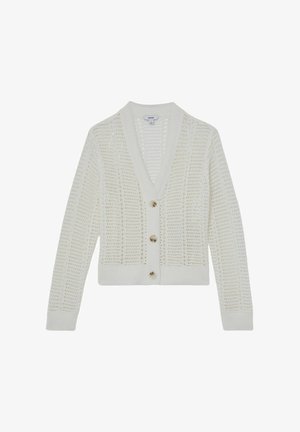 White knitted cardigan with long sleeves, V-neck, open weave pattern, and three beige buttons down the front.