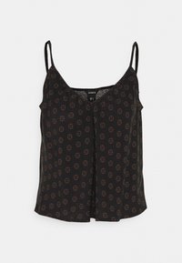 Camisola preta com alças finas ajustáveis, apresentando um padrão floral em castanho escuro. Material leve, design em v e corte solto.