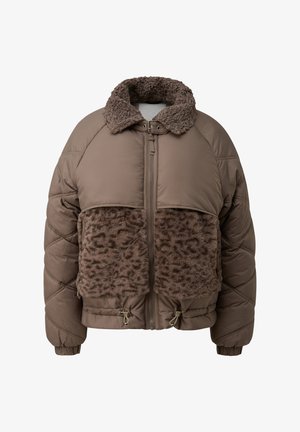 Brown padded jacket with plush leopard-patterned front panels, a high collar, front zipper, and adjustable drawstrings at the hem.
