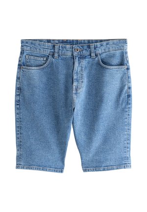 Jeans-Shorts in Hellblau, ausgestattet mit einem normalen Bund, fünf Taschen und geraden Hosenbeinen, mit genähten Details entlang der Nähte.