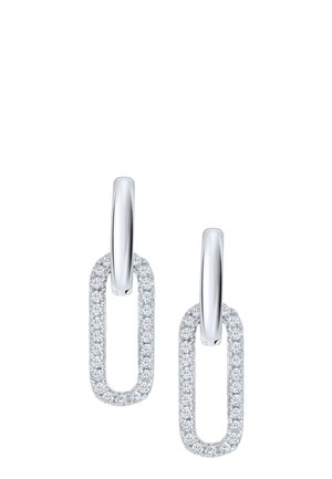 Pair of silver hoop earrings with elongated oval-shaped pendants encrusted with small clear gemstones.